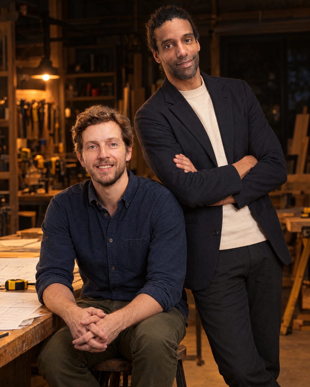 Gunther Bunel, debout, et Arthur Beck, assis, dans un atelier de chantier